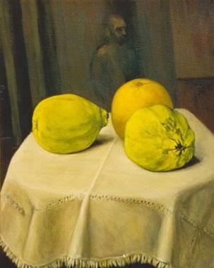 Tres frutos con autorretrato