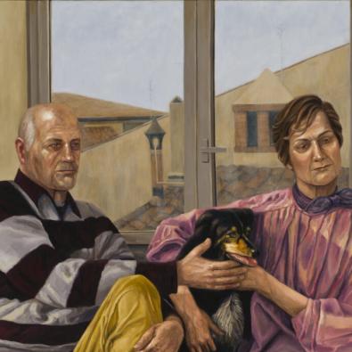 Retrato de pareja desconocida y su mascota